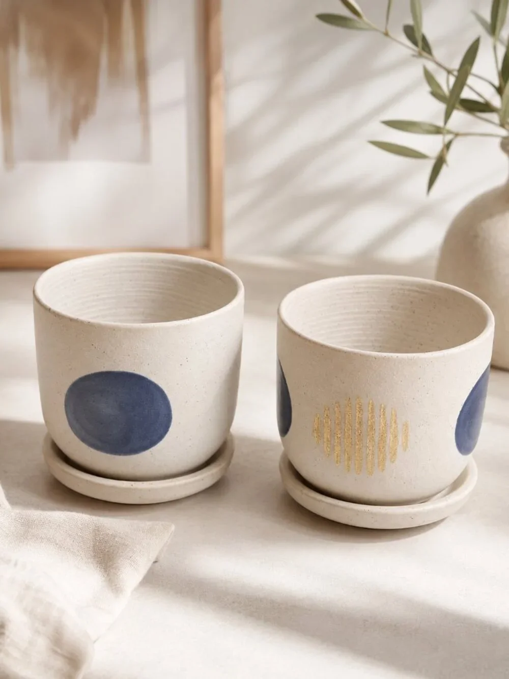 2 Pc Beige Ceramic Vases Blue Gold Speckled Set